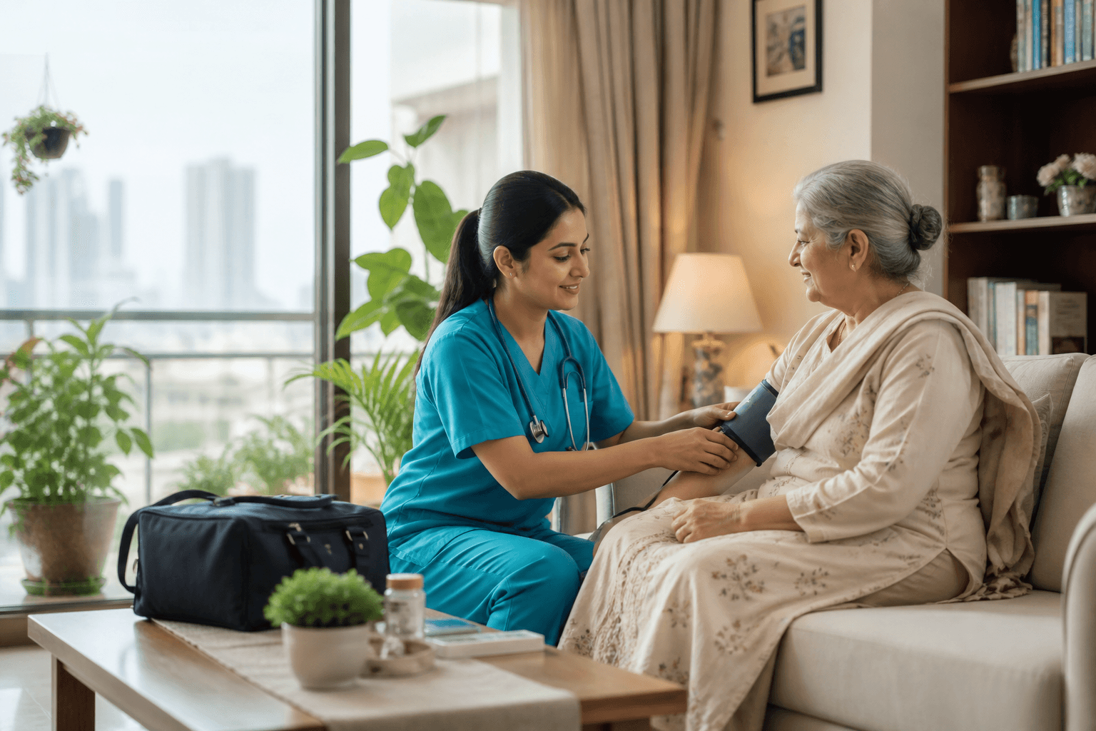 Vyora nurse providing compassionate home care to a patient in their living room